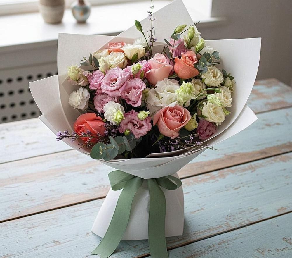 Букет цветов из: Розы, Лизиантусы и Гвоздики в Фосфоритный