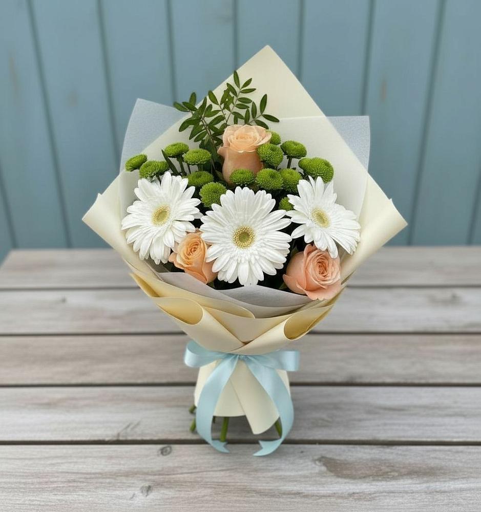 Букет цветов из: Герберы, Розы и Хризантемы в Фосфоритный