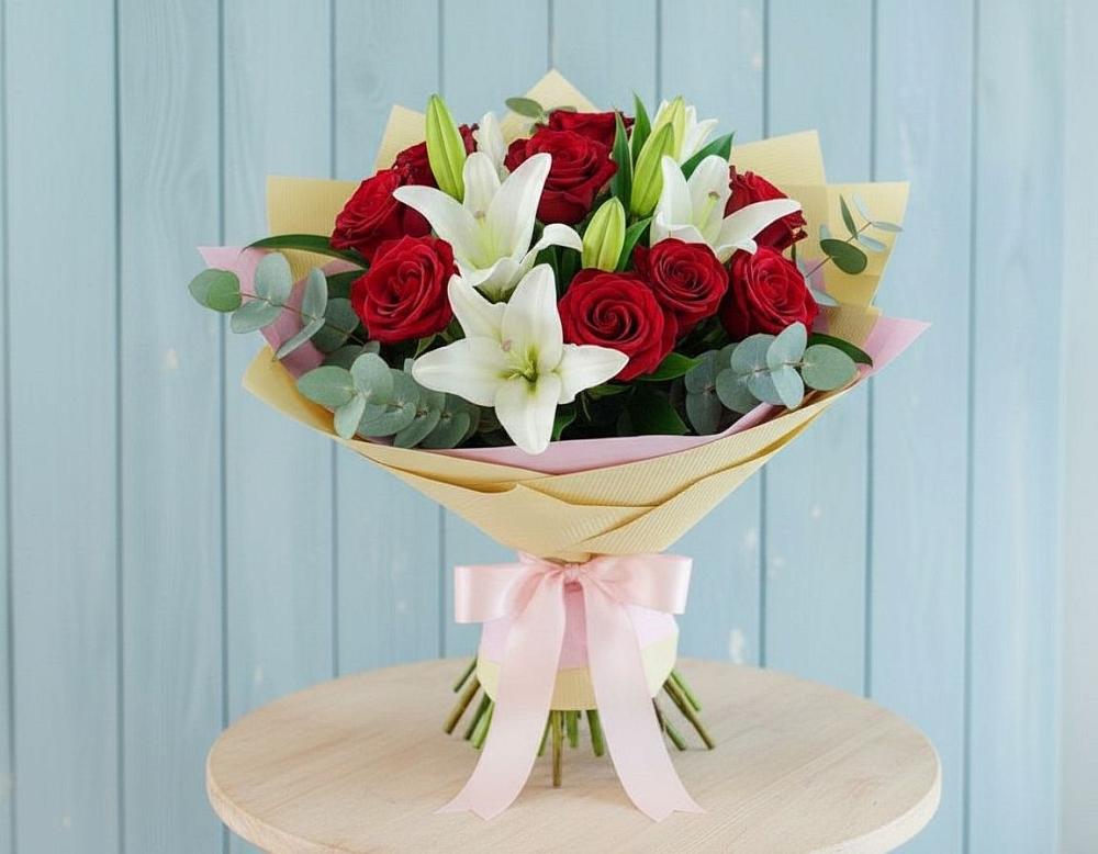 Букет цветов из: Лилии и Розы в Фосфоритный