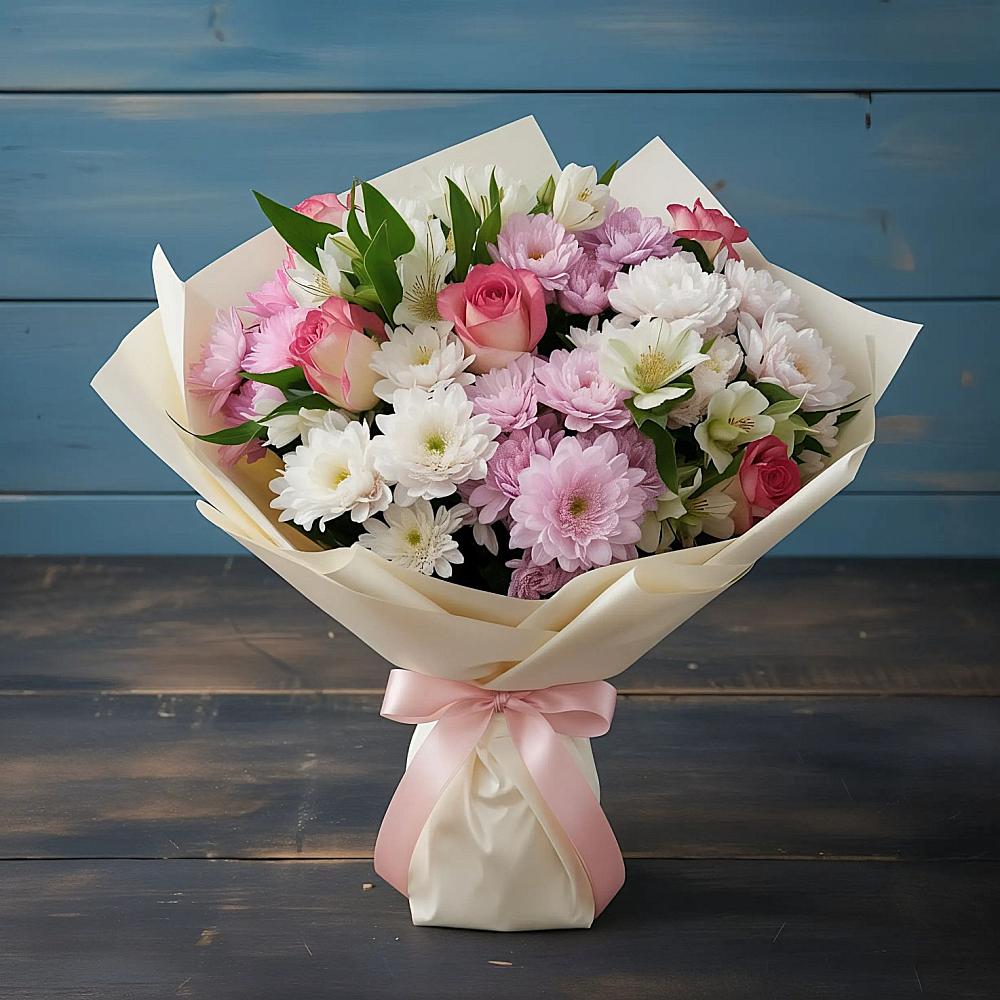 Букет цветов из: Хризантемы, Альстромерии и Розы в Фосфоритный